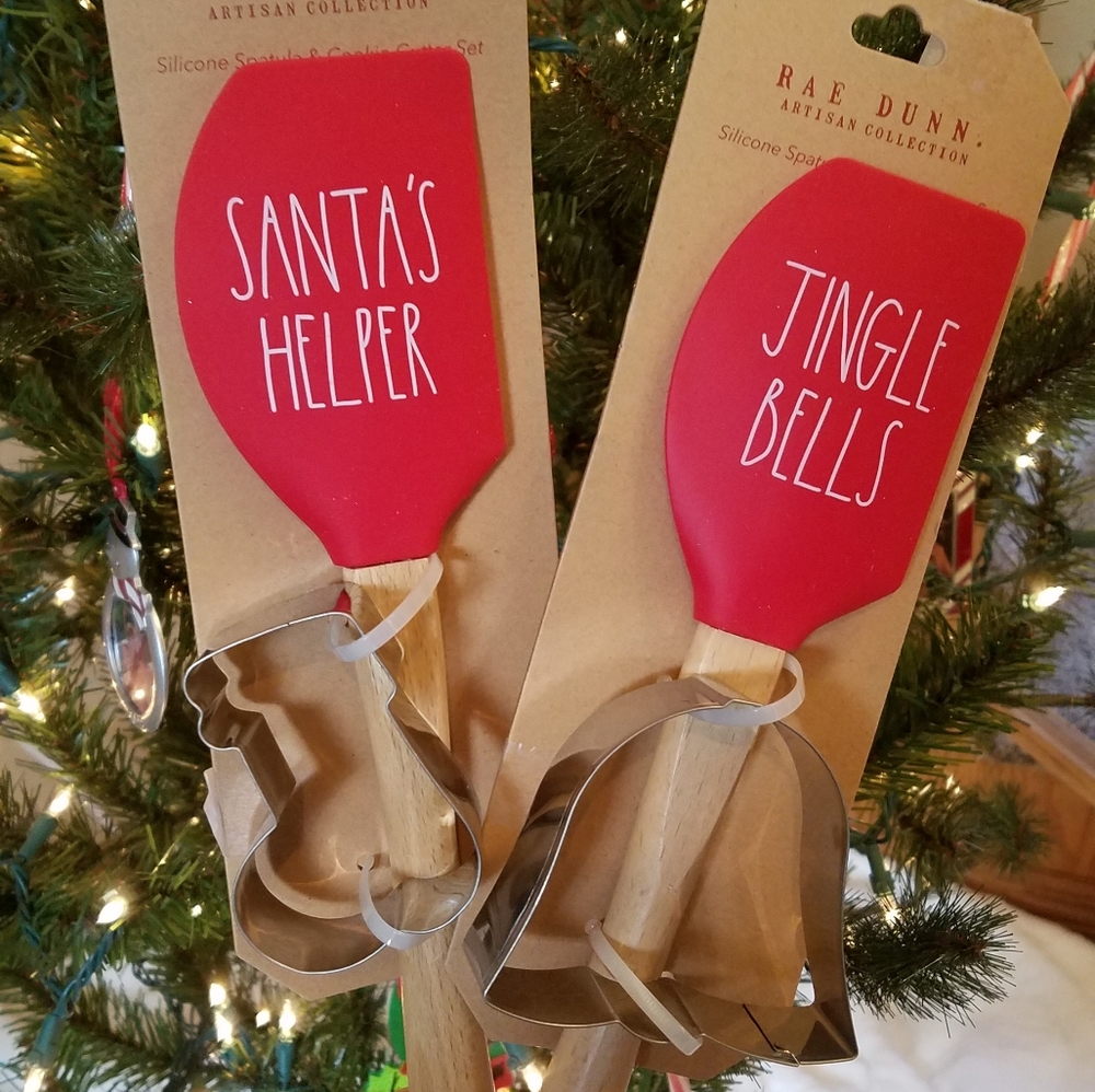 Set of 2 Rae Dunn holiday spatulas with Christmas cookie cutters